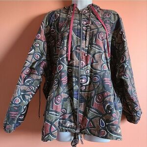 Vintage Reversible Anorak Jacket – Multicolour Print / Burgundy, Size XL